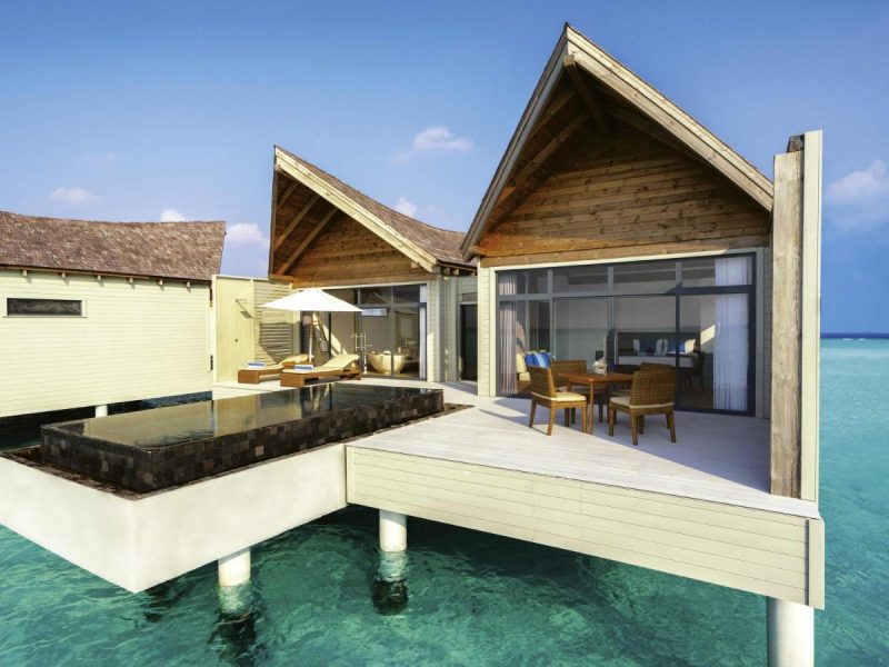 Overwater Pool Villa Sunrise, see-through floor, infinity pool, daily free flow chocolate hour, free snorkeling gear & non-motorized water sports – Kuredhivaru Maldives